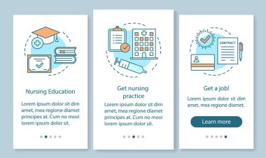 Hemşire onboarding mobil uygulaması sayfa ekran, doğrusal kavramlar haline. Hemşirelik okulu, ders anlatım adımları grafik yönergeleri. Tıp eğitimi uygulama. UX, UI, GUI vektör şablon, çizimler