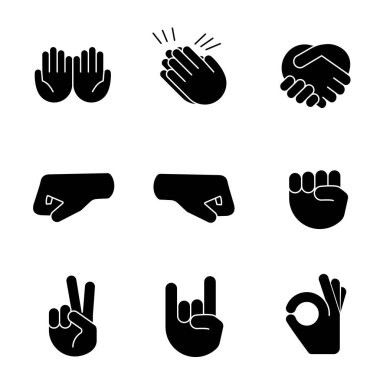 El jest emojis glif Icons set. , Alkış, el sıkışma, sol ve sağ yumruk, barış, devam et, tamam el hareketi yalvarıyor. Sallayarak, götürdü, eller alkışlar. Siluet simgeler. İzole vektör çizim
