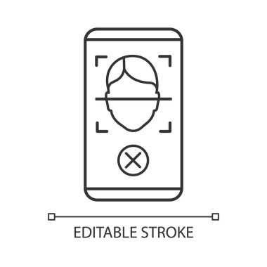 Yüz tarama ret doğrusal simgesi. Yüz kilit mobil, smartphone app ince hat illüstrasyon. Yüz tanıma kontur sembolü. İzin verilmedi. İzole anahat çizim vektör. Düzenlenebilir kontur