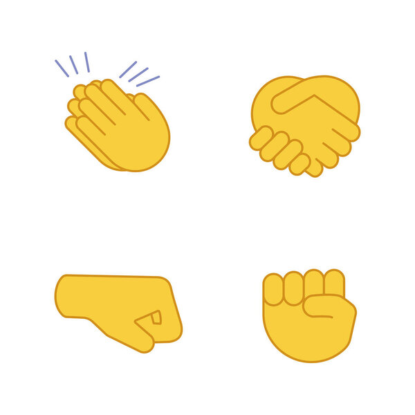 Hand gesture emojis color icons set. Applause, congratulation, handshake gesturing. Right and raised fists. Isolated vector illustrations