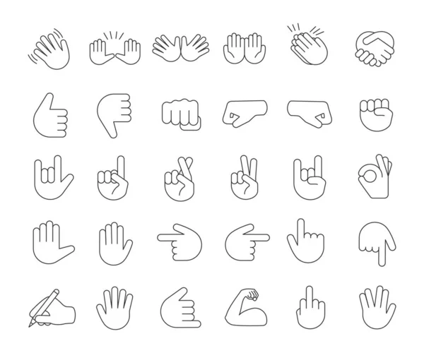 El jest emojis doğrusal Icons set. İnce çizgi kontur sembolleri. İşaret parmakları, yumruk, avuç içi. Sosyal Medya ağ ifadeler. El simgeleri. İzole vektör anahat çizimler. Düzenlenebilir kontur