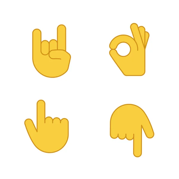 Hand Gebaar Emojis Kleur Iconen Set Heavy Metal Rock Goedkeuring — Stockvector