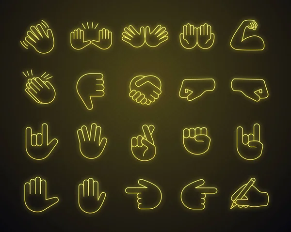Handgesten Emojis Neonlicht Symbole Gesetzt Zeigefinger Fäuste Handflächen Soziale Medien — Stockvektor