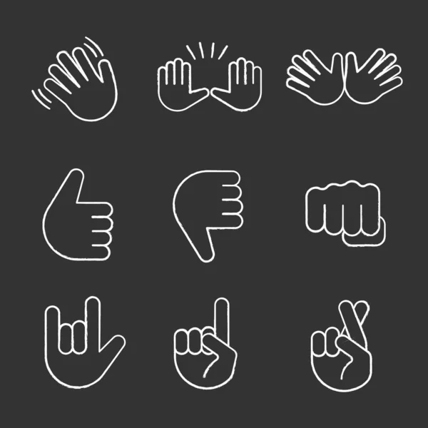 Hand Gesture Emojis Chalk Icons Set Waving Stop Jazz Thumbs — Stock Vector