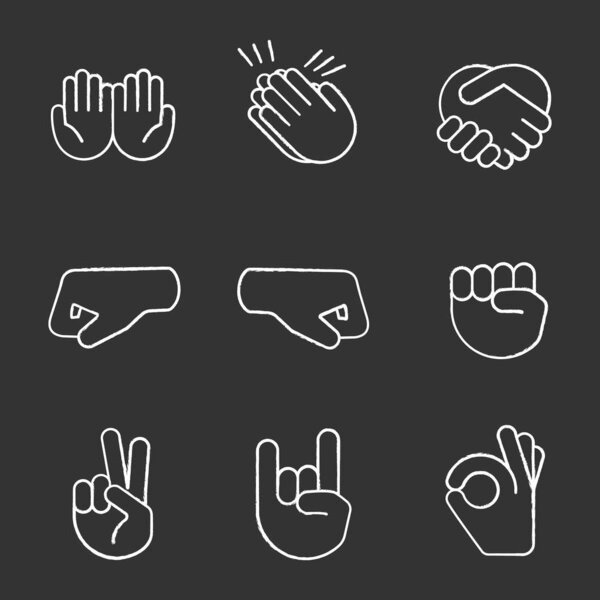 Hand gesture emojis chalk icons set. Begging, applause, handshake, left and right fists, peace, rock on, OK gesturing. Shaking, cupped, clapping hands. Isolated vector chalkboard illustrations