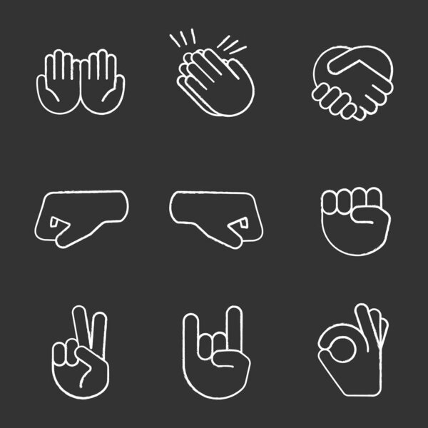 Ручной жест смайлики мел набор значков. Просьба, аплодисменты, рукопожатие, левые и правые кулаки, мир, рок на, OK жест. Трясти, жать, хлопать в ладоши. Изолированные векторные иллюстрации
