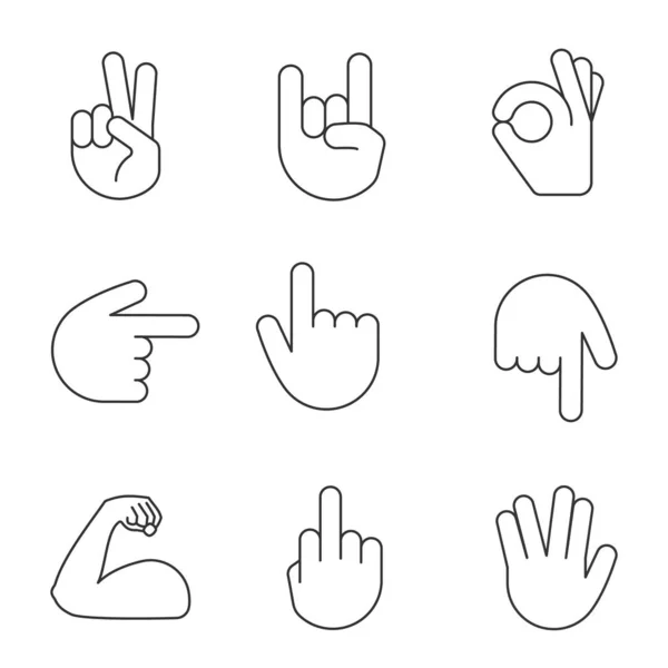 Set Icone Lineari Emoji Gesto Della Mano Simboli Contorno Sottile — Vettoriale Stock