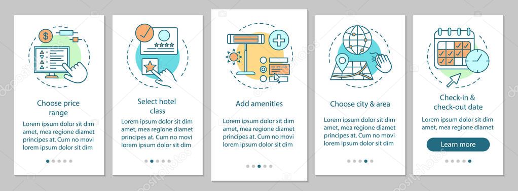 Find hotel onboarding mobile app page screen with linear concepts. Hotel booking website. Choose room amenities walkthrough steps graphic instructions. UX, UI, GUI vector template with icons
