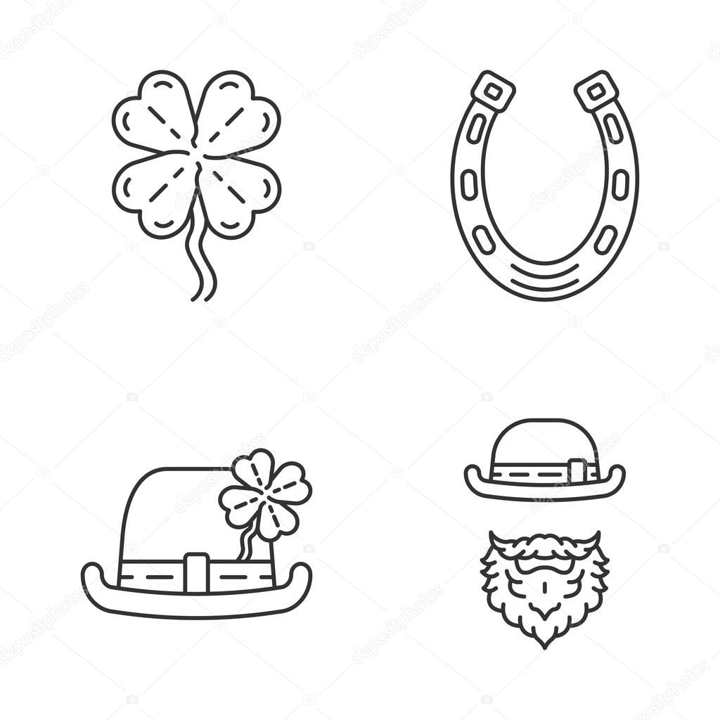Saint Patrick's Day linear icons set. Thin line contour symbols. Feast of St. Patrick. Bowler hat, leprechaun, horseshoe, four leaf clover. Isolated vector outline illustrations. Editable stroke