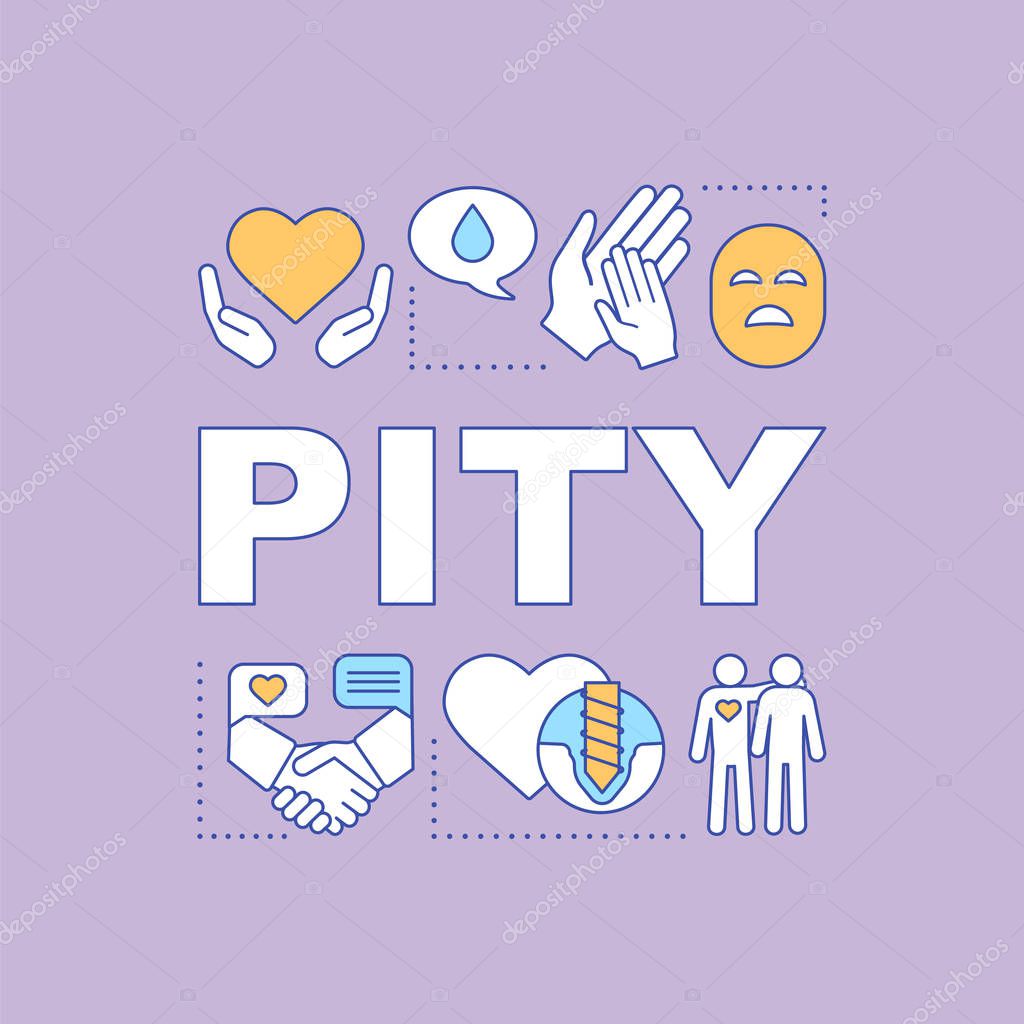 Pity word concepts banner. Sadness, compassion to suffering of others. Donation and charity. Presentation, website. Isolated lettering typography idea, linear icons. Vector outline illustration