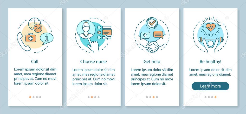 Choose nurse onboarding mobile app page screen, linear concepts. In home care service walkthrough steps graphic instructions. Medical care. Call, get help. UX, UI, GUI vector template, illustrations