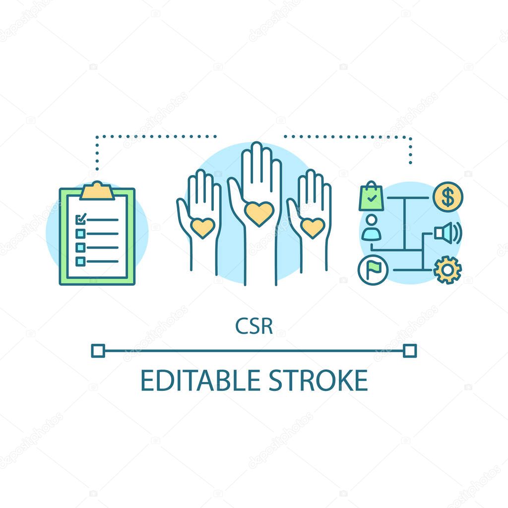 CSR concept icon. Corporate social responsibility idea thin line illustration. Business, investment. Accountability, sustainability. Volunteering. Vector isolated outline drawing. Editable stroke