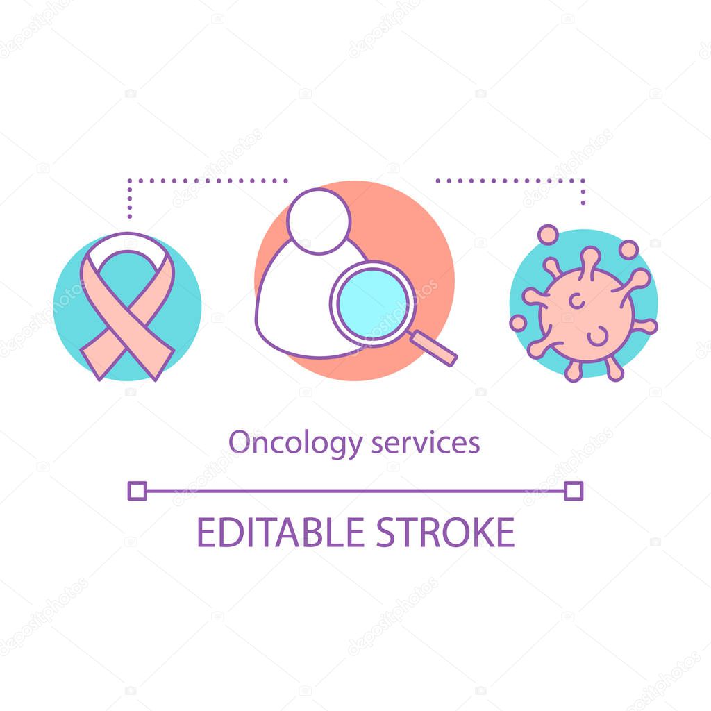 Oncology services concept icon. Medical care idea thin line illustration. Cancer diagnostic and treatment. linical researches. Disease awareness. Vector isolated outline drawing. Editable stroke 