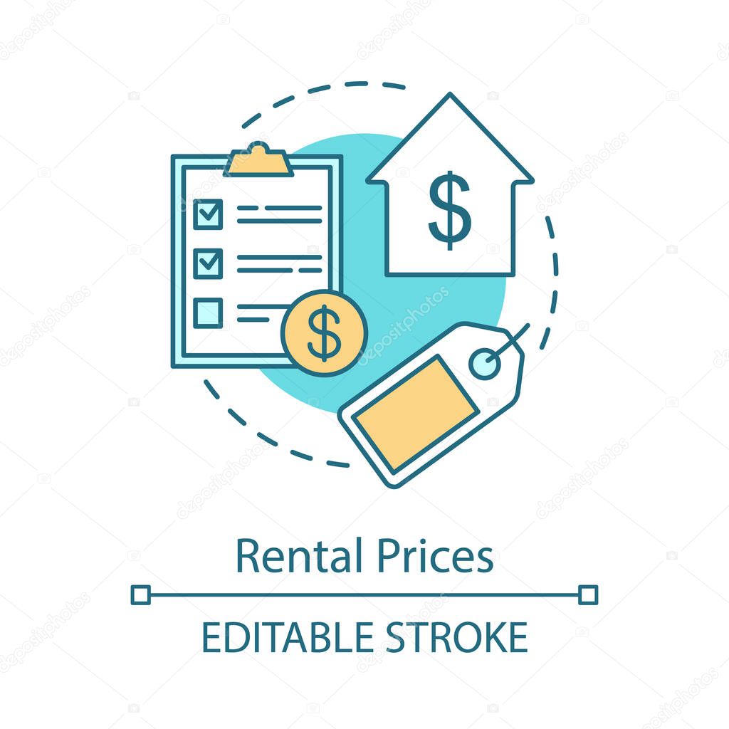 Rental prices concept icon. House for sale. Rental invoice. Real estate agency fees. Leasing property value components idea thin line illustration. Vector isolated outline drawing. Editable stroke