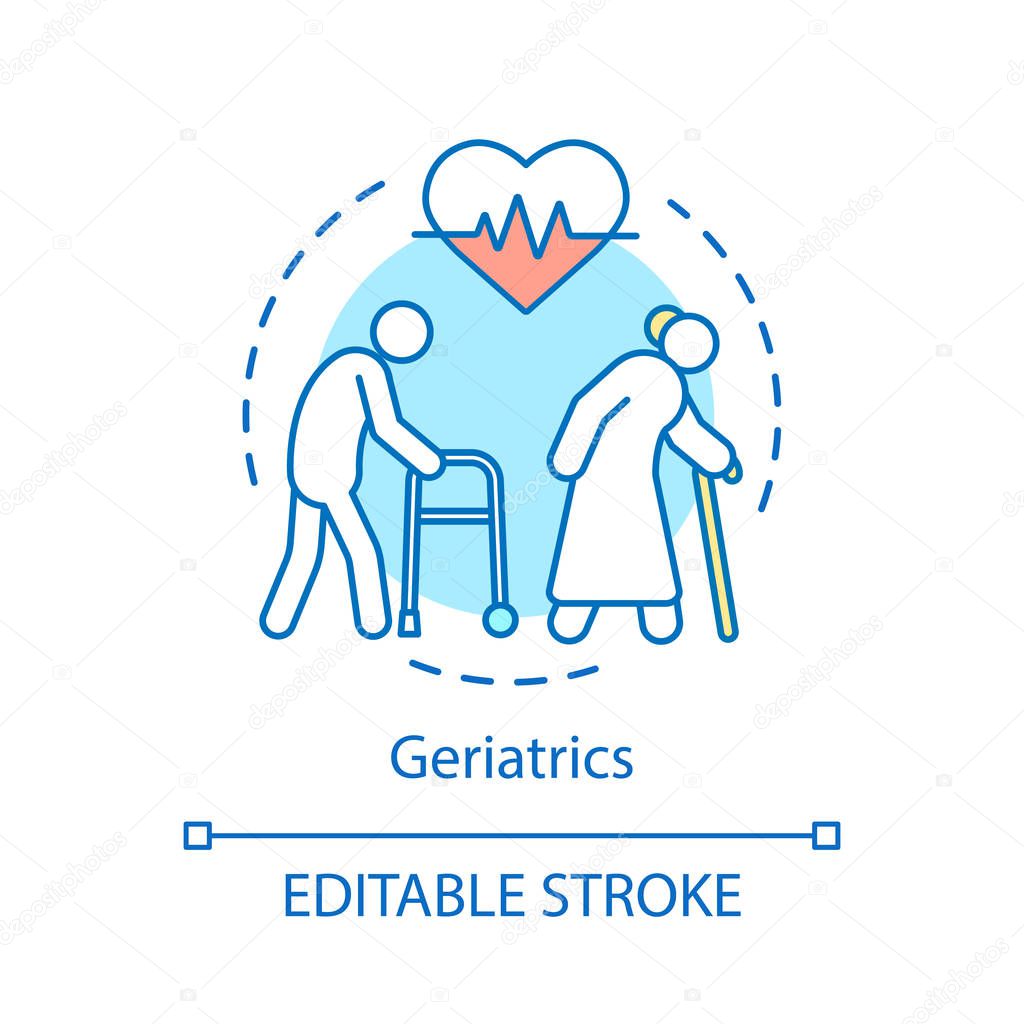 Geriatrics concept icon. Assisted living, nursing home idea thin line illustration. Geriatric medicine vector isolated outline drawing. Elderly healthcare. Disability, disease therapy. Editable stroke