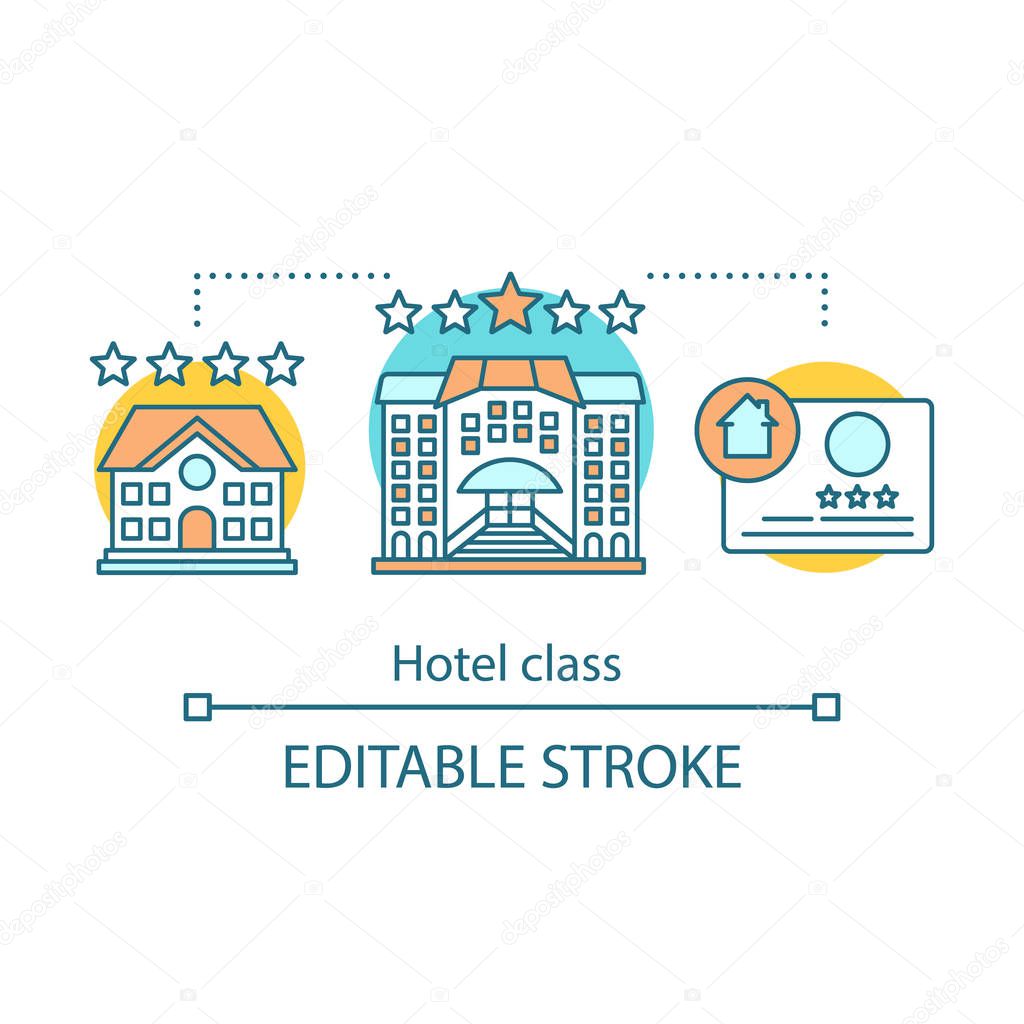 Hotel rating concept icon. Apartment, accommodation reviews, feedback, ranking. Hotel class idea thin line illustration. Vector isolated outline drawing. Editable stroke