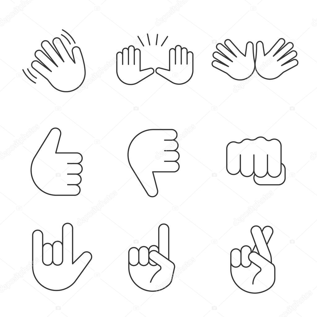 Hand gesture emojis linear icons set. Thin line contour symbols. Waving, stop, jazz, thumbs up and down, fist, love you, luck, lie gesturing. Isolated vector outline illustrations. Editable stroke