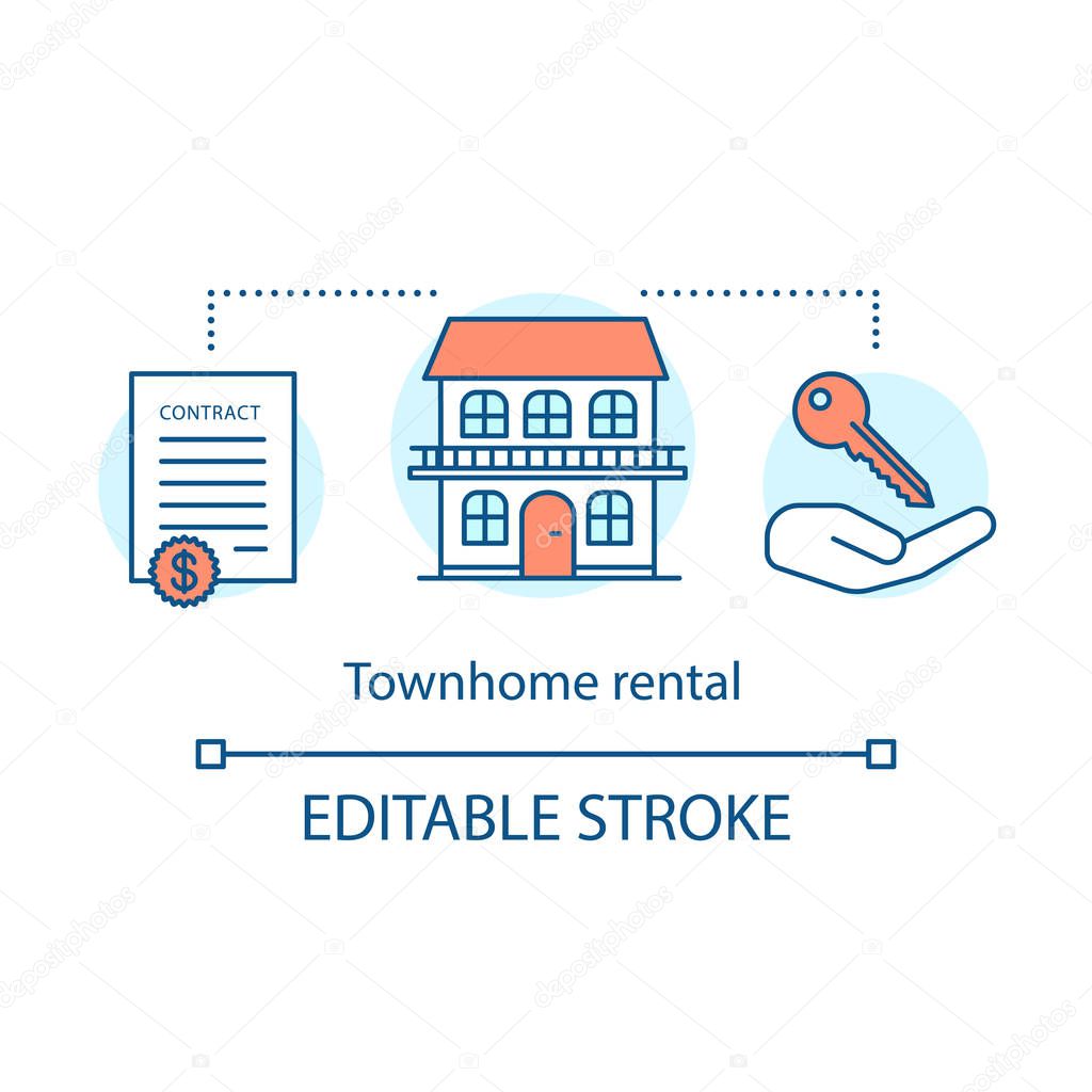 Townhome rental concept icon. Property deals. Key handover. Housing rent. Contract, house, key on hand. Family house rent idea thin line illustration. Vector isolated outline drawing. Editable stroke