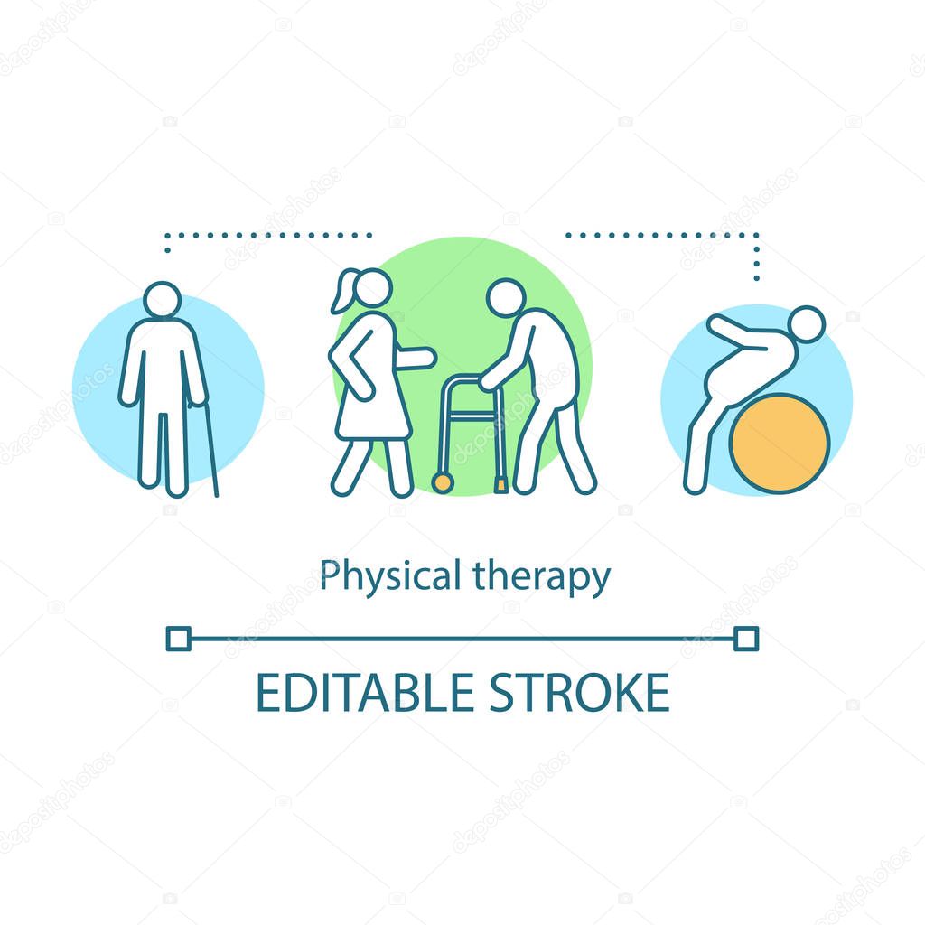 Physical therapy concept icon. Medical care idea thin line illustration. Physiotherapy. Rehabilitation center. Injury treatment. Massage and exercise. Vector isolated outline drawing. Editable stroke