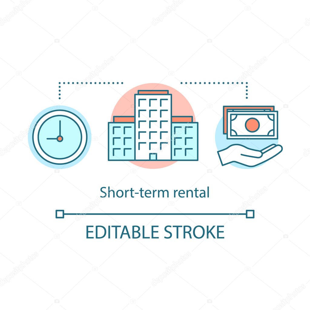 Short-term rental concept icon. Property for short time interval rent. Tenancy period. clock, building, hand hold money.  idea thin line illustration. Vector isolated outline drawing. Editable stroke