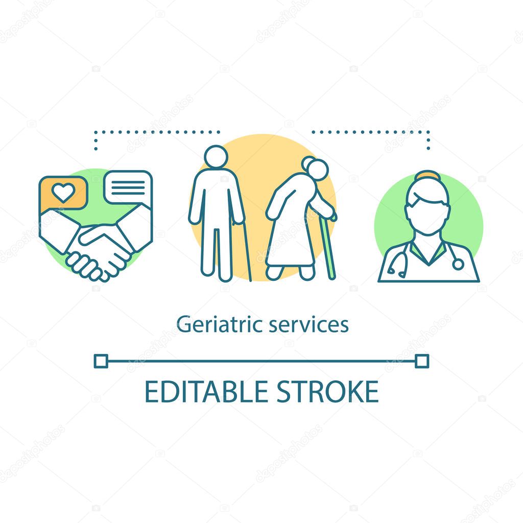 Geriatric concept icon. Nursing services idea thin line illustration. Special senior care. Assisted living. Home healthcare. Medical treatment. Vector isolated outline drawing. Editable stroke