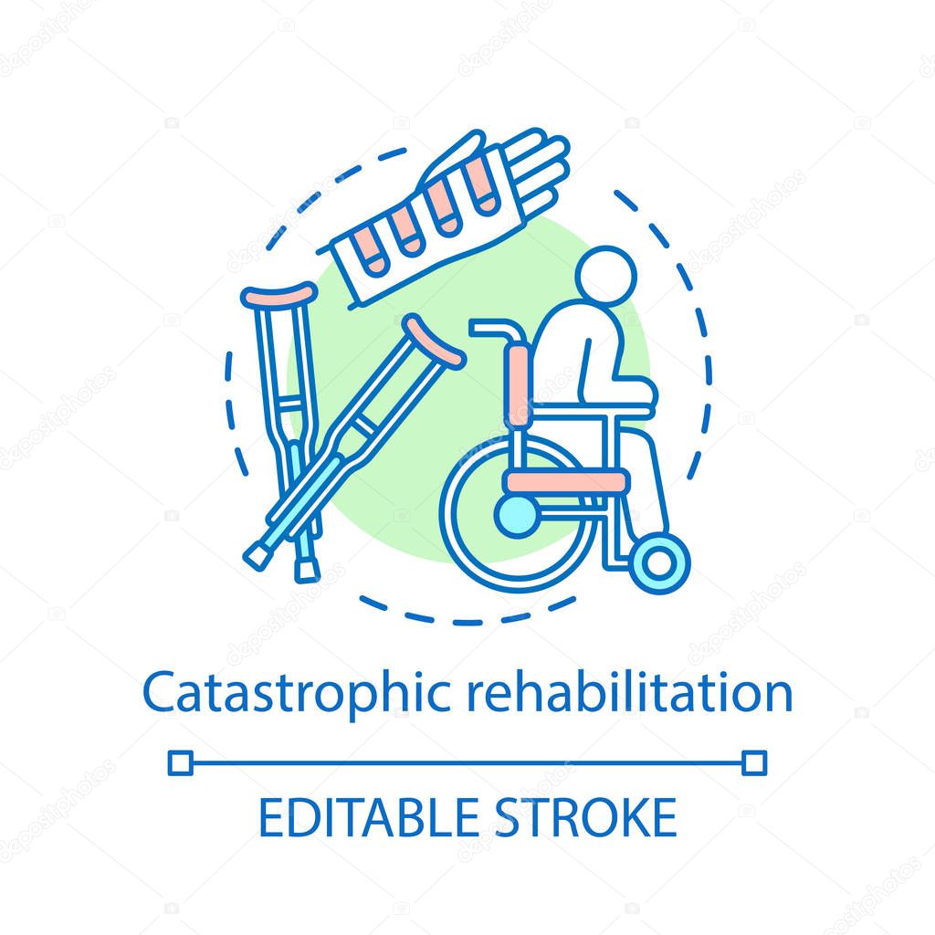 Catastrophic rehabilitation concept icon. Recovery idea thin line illustration. Body trauma, injury rehab program vector isolated outline drawing. Nursing services. Physical therapy. Editable strok