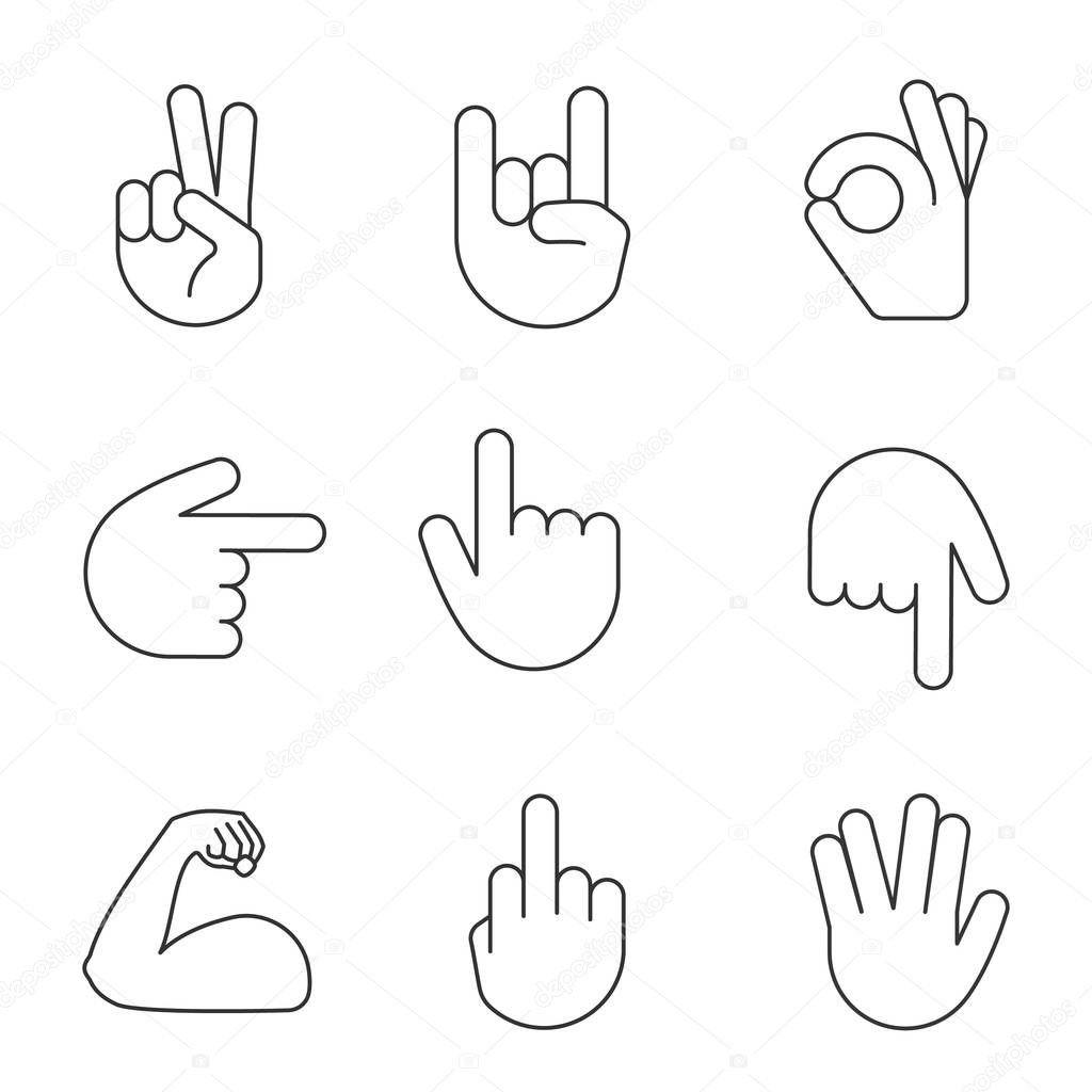 Hand gesture emojis linear icons set. Thin line contour symbols. Victory, peace, rock, OK, middle finger, vulcan salute gesturing, flexed bicep. Isolated vector outline illustrations. Editable stroke