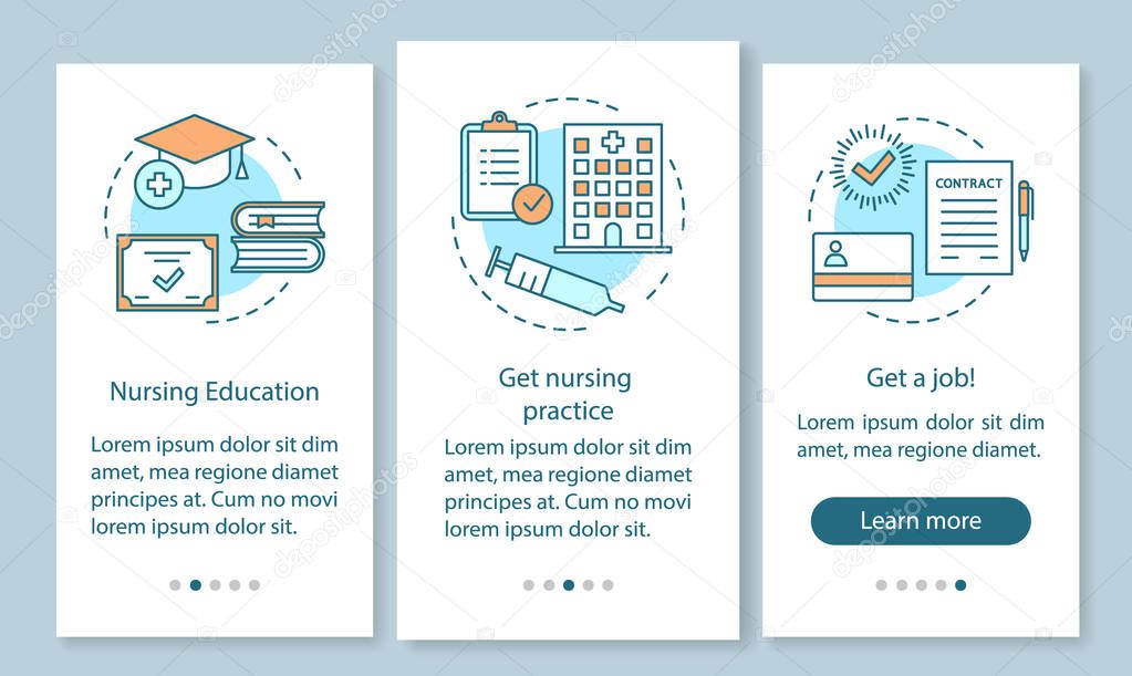 Become nurse onboarding mobile app page screen, linear concepts. Nursing school, courses walkthrough steps graphic instructions. Medical education, practice. UX, UI, GUI vector template, illustrations