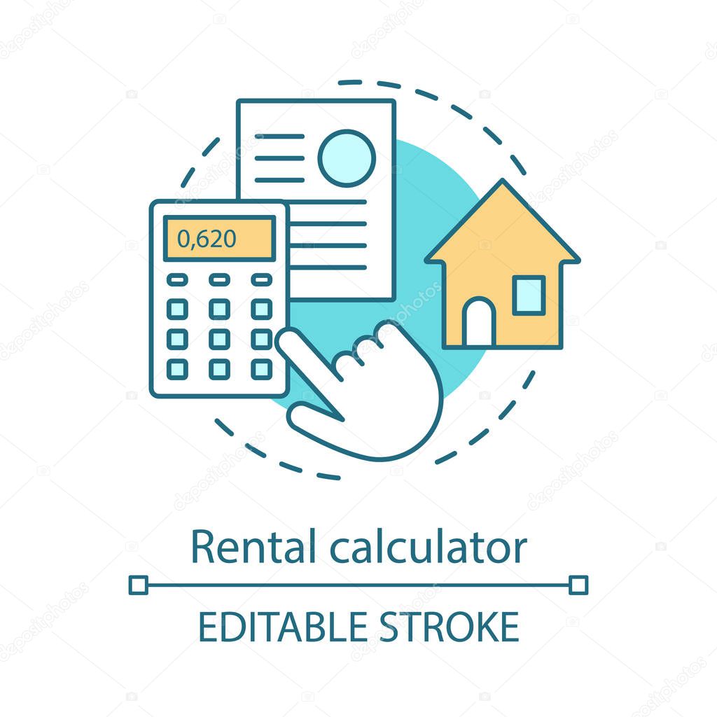 Rental property calculator concept icon. Bills, taxes calculations. Hand with calculator, documents, house. Rental prices idea thin line illustration. Vector isolated outline drawing. Editable stroke