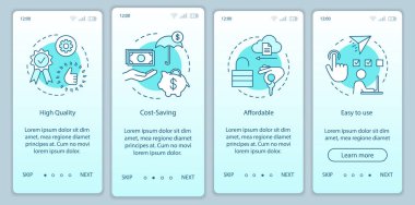 Avantajları onboarding mobil uygulaması sayfa ekran doğrusal kavramları ile pazarlama. Kalite, Ekonomi, kullanıcı dostu walkthrough adım grafik yönergeleri. UX, UI, GUI vektör şablon resimler