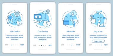 Yazılım Faydaları onboarding mobil uygulaması sayfa ekranı doğrusal kavramları ile. Finansal araçlar ve avantajları izlenecek yol adımları grafik yönergeleri. UX, UI, GUI vektör şablon resimler