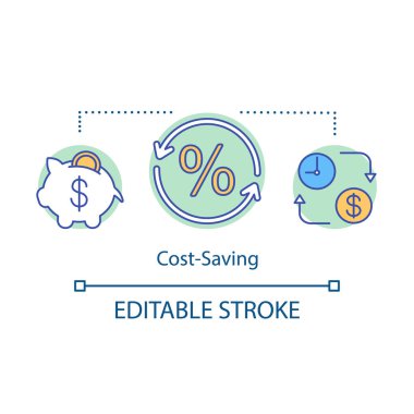 Maliyet tasarrufu kavramı simge. Kumbara, mevduat. Zaman ve para tasarrufu. Yatırım bankacılığı. Yüzde, faiz oranı. Bankacılık fikir ince hat illüstrasyon. İzole anahat çizim vektör. Düzenlenebilir kontur