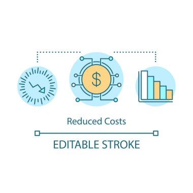 Azalan maliyetler teknolojileri kavramı simge. Alçalan trend grafik. Aşağı ok. Para fikir ince hat illüstrasyon tasarrufu strateji. İzole anahat çizim vektör. Düzenlenebilir kontur