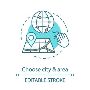 Şehir ve bölge kavramı simgesini seçin. Seyahat hedef, uluslararası yol. Haritalar, gezinti. Seyahat fikir ince hat illüstrasyon planlama. İzole anahat çizim vektör. Düzenlenebilir kontur