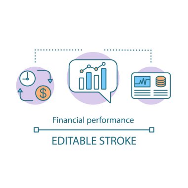 Finansal performans kavramı simge. Kurumsal iş sorumluluk fikir ince hat illüstrasyon. Yatırım, istatistik, analytics. Muhasebe. İzole anahat çizim vektör. Düzenlenebilir kontur