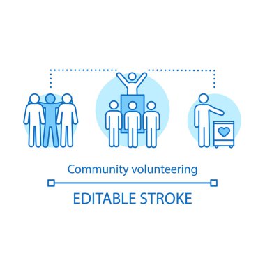 Toplum gönüllü kavramı simge. Sosyal hayırseverlik fikir ince hat illüstrasyon. Bağış, yatırım, hayır. Gönüllülük, vatandaşlık. İzole anahat çizim vektör. Düzenlenebilir kontur