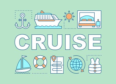 Cruise kelime kavramları afiş. Seyahat Acentası teklif. Yolculuk, deniz gezi, Tur. Cruiseship. Tanıtım, Web sitesi. Tipografi fikir doğrusal simgeleri ile harfler izole. Vektör anahat çizim