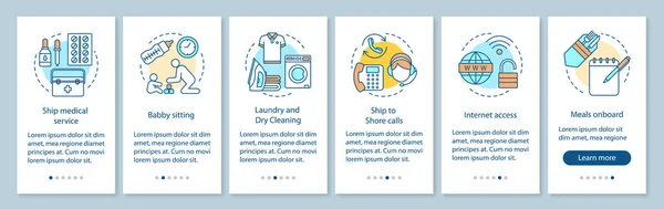 Kreuzfahrtschiffsdienstleistungen Bord Mobiler App Seite Bildschirm Konzepte Catering Babysitting Medizin — Stockvektor