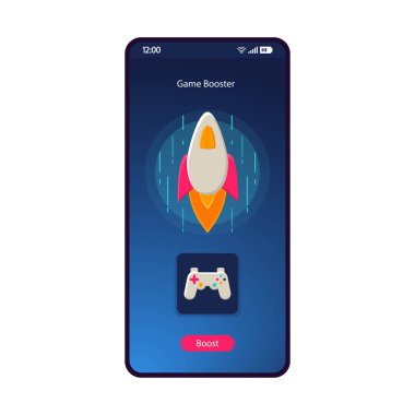 Oyun booster app akıllı telefon arayüzü vektör şablonu. Mobil uygulaması sayfa mavi tasarım düzeni. Pil doktoru, temizleyici ekran. Düz UI uygulaması için. Oyun alttan yukarıya ittirmek, en iyi duruma getirme. Telefonun ekranına