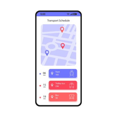 Taşıma programı smartphone arabirimi vektör şablon. Mobil uygulaması sayfa beyaz tasarım düzeni. Tramvay, tramvay, otobüs izleme ekranı. Düz UI uygulaması için. Toplu taşıma Uçus tarifesi. Telefonun ekranına