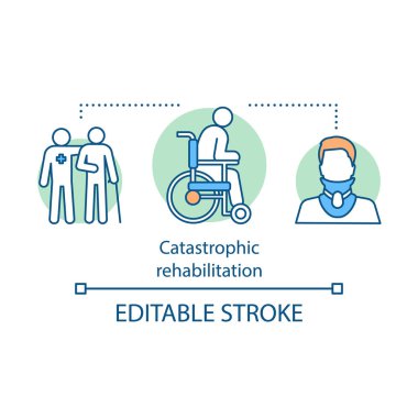 Felaket rehabilitasyon kavramı simge. Yaralanma, travma fikir ince hat illüstrasyon. Özürlü kişi. Boyun kırığı. Tekerlekli sandalye kullanıyor. Tıbbi bakım. İzole anahat çizim vektör. Düzenlenebilir kontur