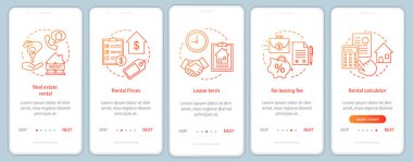 Emlak Kiralama onboarding mobil uygulaması sayfa ekran doğrusal kavramları ile. Emlak ajansı, Pazar walkthrough adım grafik yönergeleri. UX, UI, GUI vektör şablon resimler