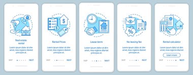 Emlak Kiralama onboarding mobil uygulaması sayfa ekran doğrusal kavramları ile. Konut tipi, fiyat, terim walkthrough adım grafik yönergeleri seçin. UX, UI, GUI vektör şablon resimler