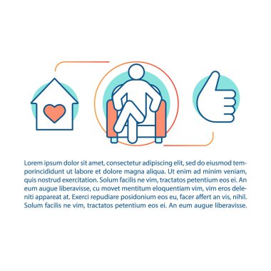 Konfor ev concept doğrusal illüstrasyon. Zevkli. Ev, kalp, adam sandalye, yaşasın. Makale, broşür, dergi sayfası. İnce çizgi metinlere sahip simgeler. Baskı tasarımı. Çizim vektör izole anahat