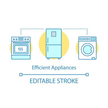 Tasarruflu cihazlar kavramı simge. Ev aygıtları. Elektronik mağazası. Fırın fırın, buzdolabı, çamaşır makinesi ile. Ev cihazı fikir ince hat illüstrasyon. İzole anahat çizim vektör. Düzenlenebilir kontur