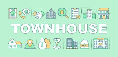 Townhouse kelime kavramları afiş. Emlak ajansı Hizmetleri. Özellik anlaşma. Evleri Kiralık, Satılık tanıtım, Web sitesi için. Tipografi fikir doğrusal simgeleri ile harfler izole. Vektör anahat çizim