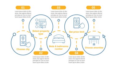 Vektör Infographic şablon kira. Daire iş sunumu tasarım öğeleri rezervasyon. Adımlar ve seçenekleri veri görselleştirme. İşlem zaman çizgisi görüntüsü. İş akışı düzeni ile doğrusal kutsal kişilerin resmi