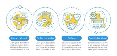 Müşteri Hizmetleri vektör Infographic şablonu. Müşteri desteği. İstemci Yöneticisi. InfoCenter. Dört Adımlar ve seçenekleri veri görselleştirme. İşlem zaman çizgisi görüntüsü. İş akışı düzeni ile kutsal kişilerin resmi