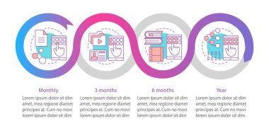 Dijital services abonelik vektör Infographic şablonu. Tarif planları. Dört Adımlar ve seçenekleri veri görselleştirme. İşlem zaman çizgisi görüntüsü. İş akışı düzeni ile kutsal kişilerin resmi