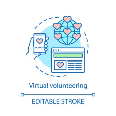 Sanal gönüllü kavramı simge. Kar amacı gütmeyen bağış app, Web sitesi, Küre, kalpleri. Yardım Vakfı. Fikir ince hat illüstrasyon E-gönüllülük. İzole anahat çizim vektör. Düzenlenebilir kontur